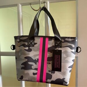 HAUTE SHORE Camouflage Tote with Pink Accent, strap and small accessory bag. NWT